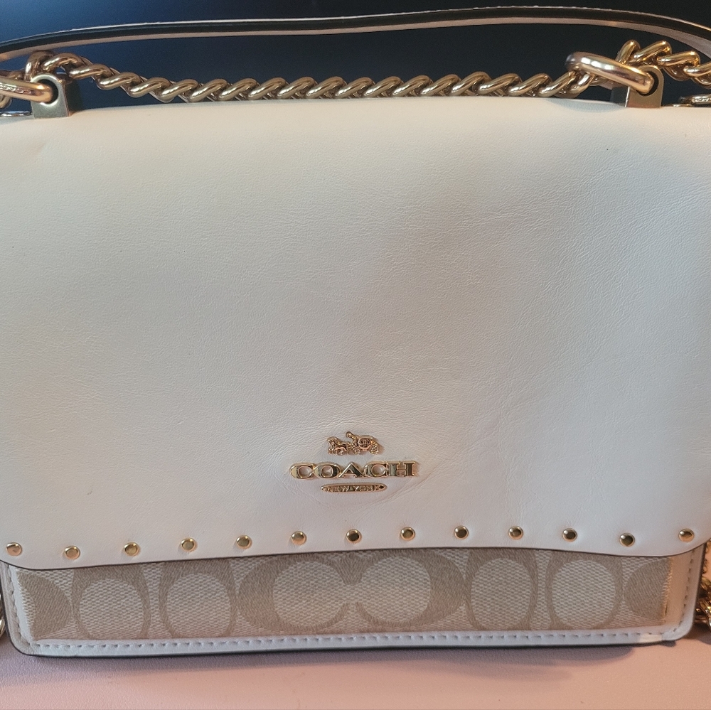 Coach Klare Leather Cream And Tan Crossbody With Many Details Studded, Snakeskin - Picture 6 of 7